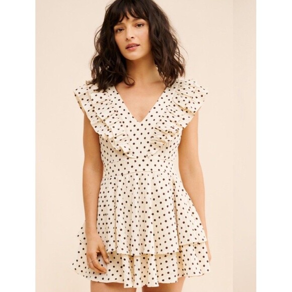 Line & Dot Dresses & Skirts - NEW LINE & DOT Kimmi Mini Dress Sz S Ivory Brown Dots Boho Ruffle Romantic